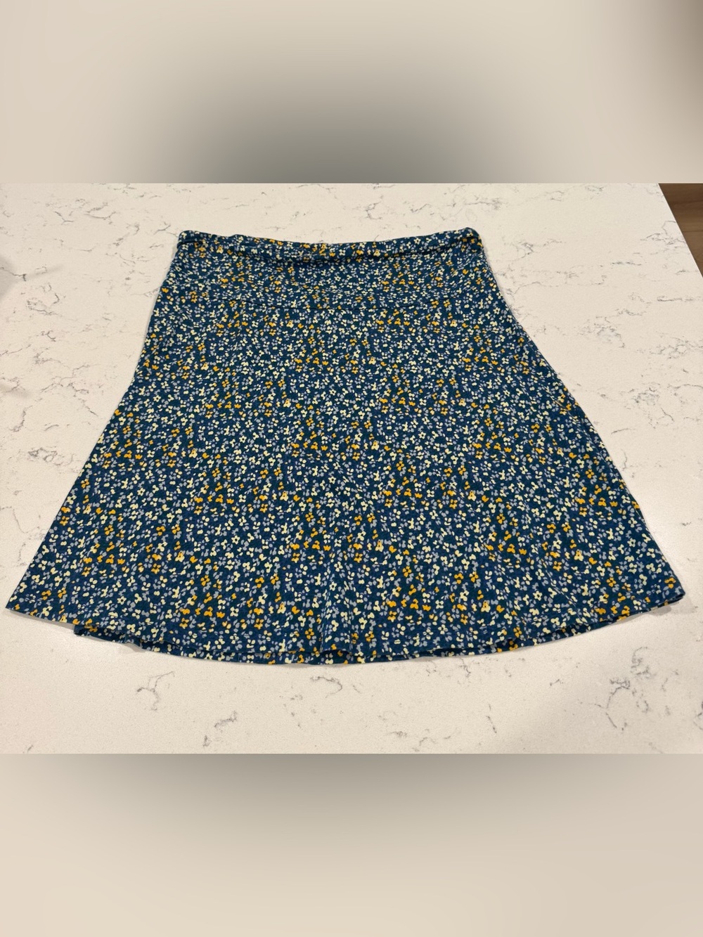 Toad&Co Navy Floral A-Line Skirt with Yellow and Light Blue Accent Flowers